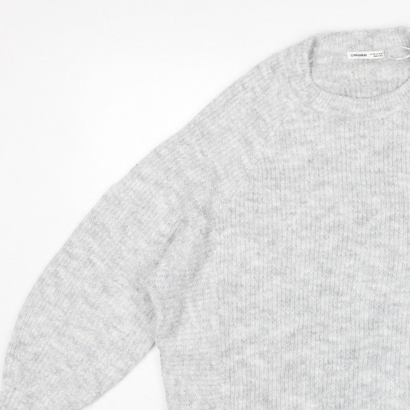 Pull&Bear Women Grey M Rib Knit Balloon Sleeve Crew Neck Pullover Jumper