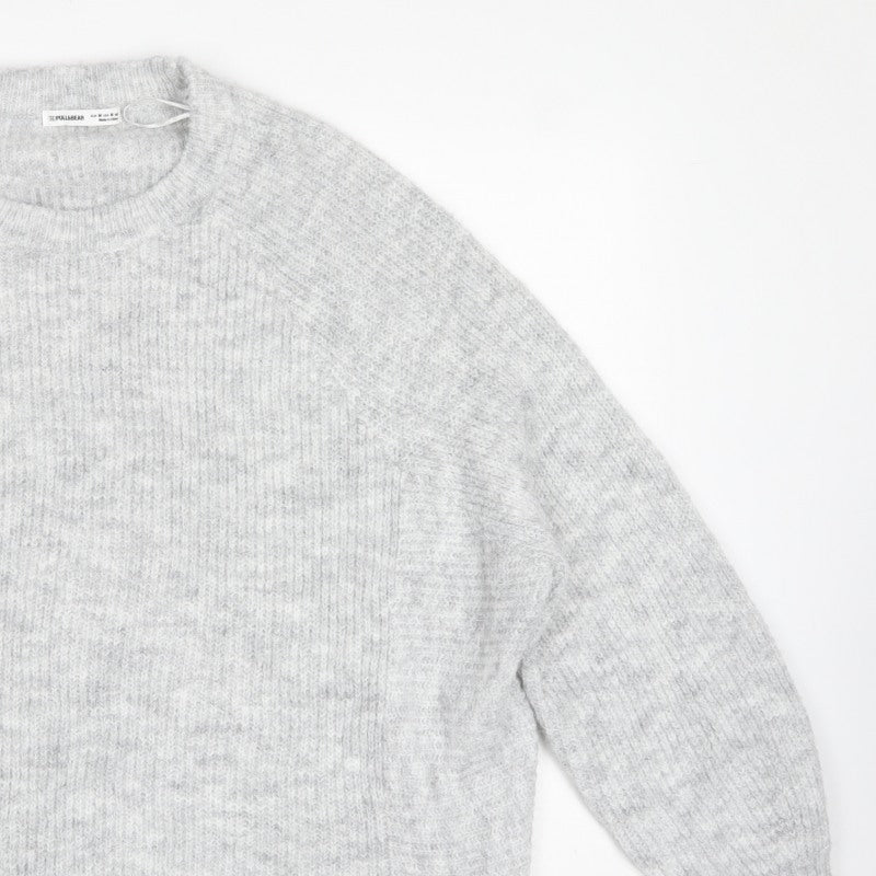 Pull&Bear Women Grey M Rib Knit Balloon Sleeve Crew Neck Pullover Jumper