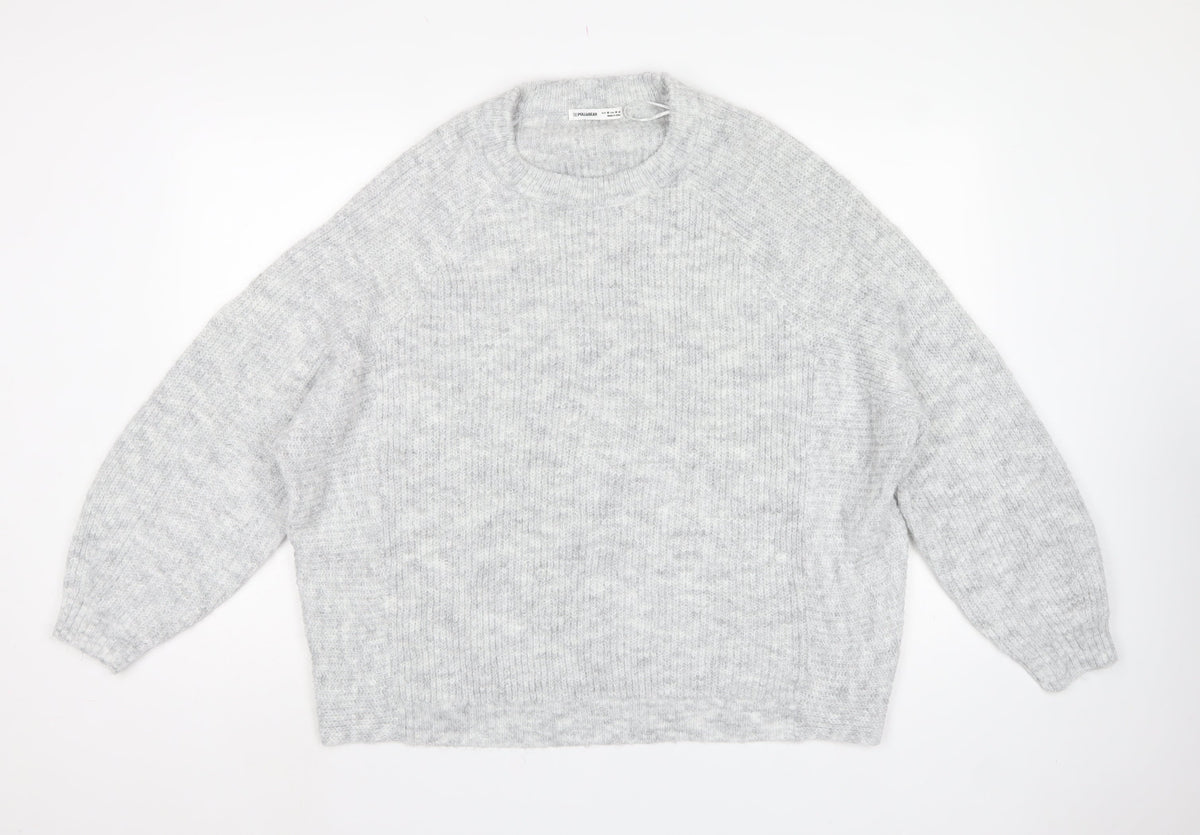 Pull&Bear Women Grey M Rib Knit Balloon Sleeve Crew Neck Pullover Jumper