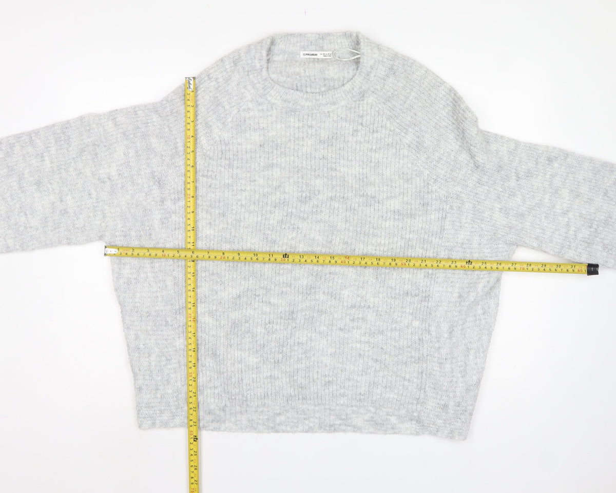 Pull&Bear Women Grey M Rib Knit Balloon Sleeve Crew Neck Pullover Jumper