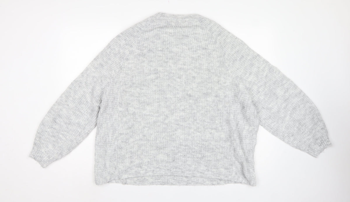 Pull&Bear Women Grey M Rib Knit Balloon Sleeve Crew Neck Pullover Jumper