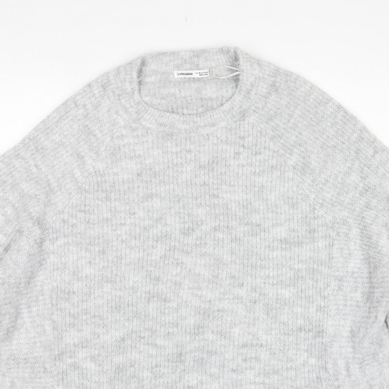 Pull&Bear Women Grey M Rib Knit Balloon Sleeve Crew Neck Pullover Jumper