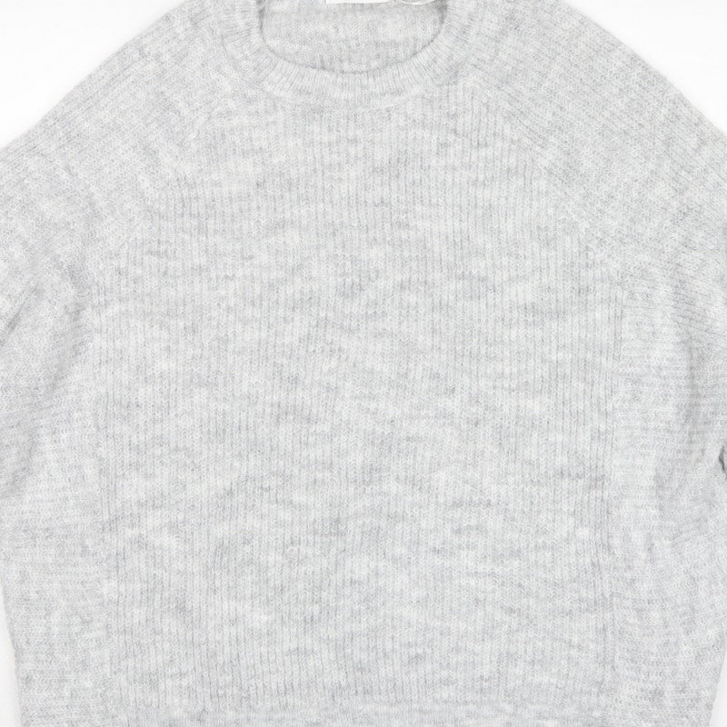 Pull&Bear Women Grey M Rib Knit Balloon Sleeve Crew Neck Pullover Jumper