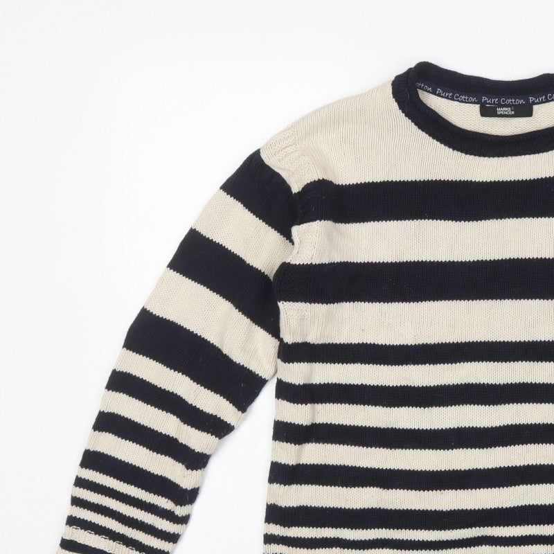 Marks & Spencer Women Blue UK 10 Striped Pure Cotton Crew Neck Jumper