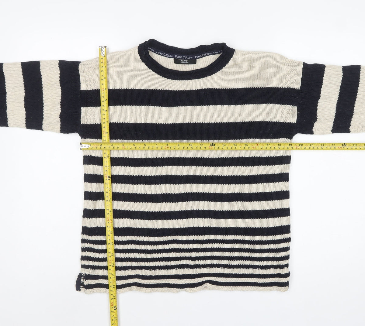 Marks & Spencer Women Blue UK 10 Striped Pure Cotton Crew Neck Jumper
