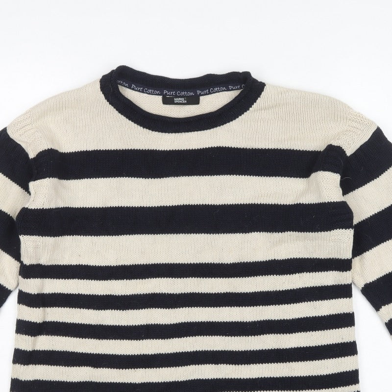 Marks & Spencer Women Blue UK 10 Striped Pure Cotton Crew Neck Jumper