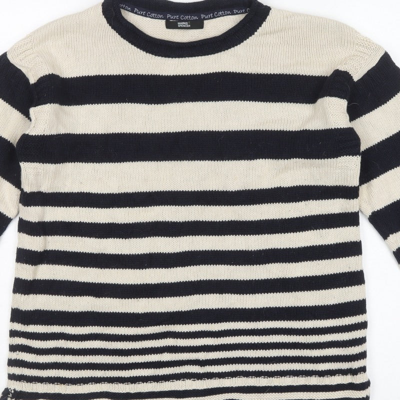 Marks & Spencer Women Blue UK 10 Striped Pure Cotton Crew Neck Jumper