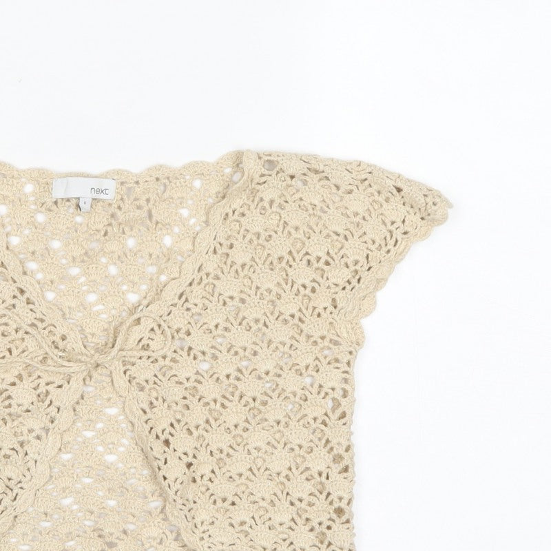 Next Women Beige S Cropped Crochet Open Front Short Sleeve Shrug