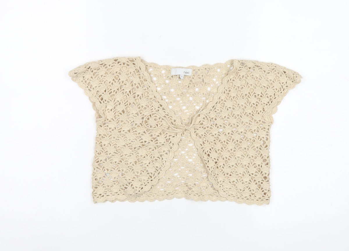 Next Women Beige S Cropped Crochet Open Front Short Sleeve Shrug