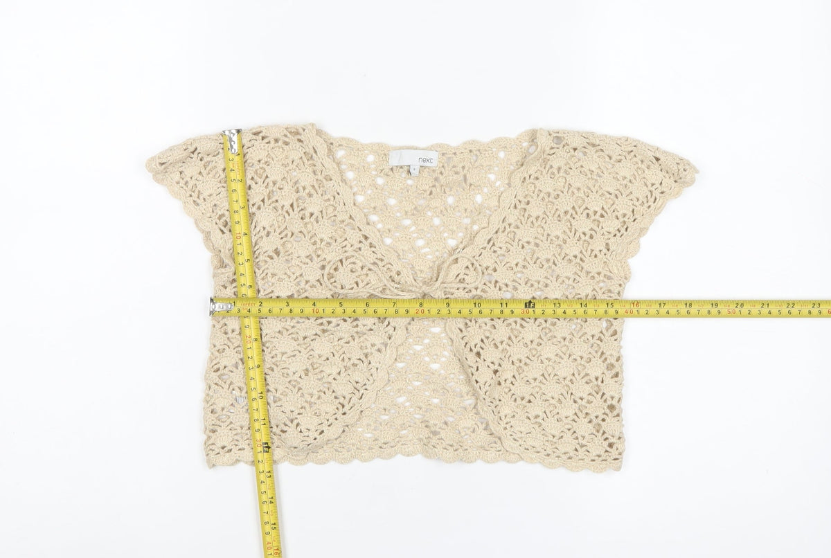 Next Women Beige S Cropped Crochet Open Front Short Sleeve Shrug
