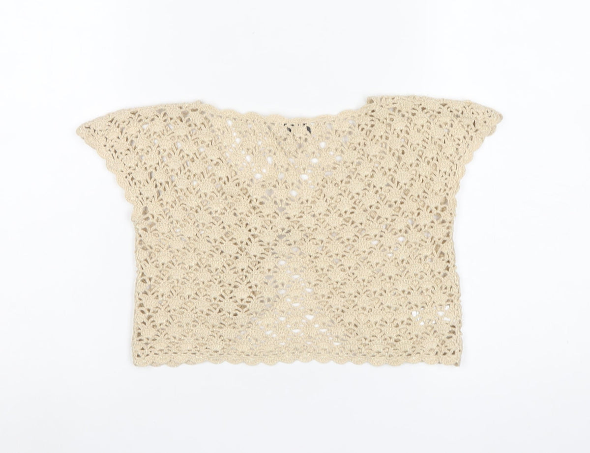 Next Women Beige S Cropped Crochet Open Front Short Sleeve Shrug