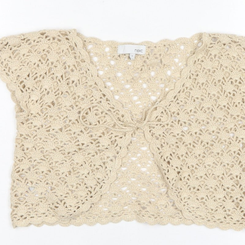 Next Women Beige S Cropped Crochet Open Front Short Sleeve Shrug