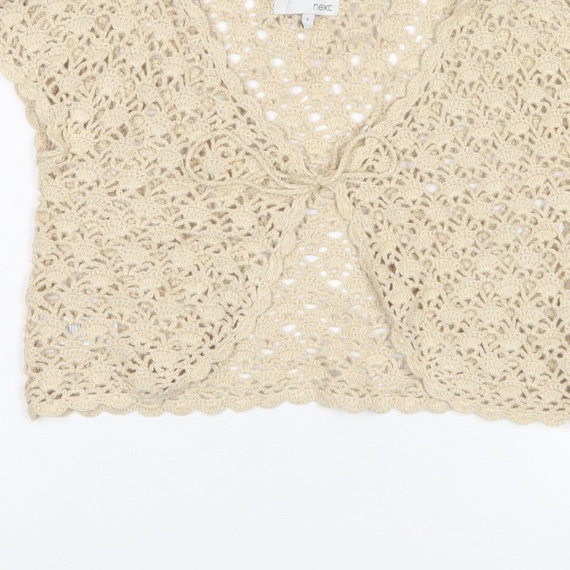 Next Women Beige S Cropped Crochet Open Front Short Sleeve Shrug
