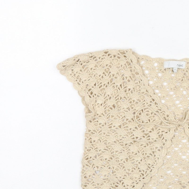 Next Women Beige S Cropped Crochet Open Front Short Sleeve Shrug