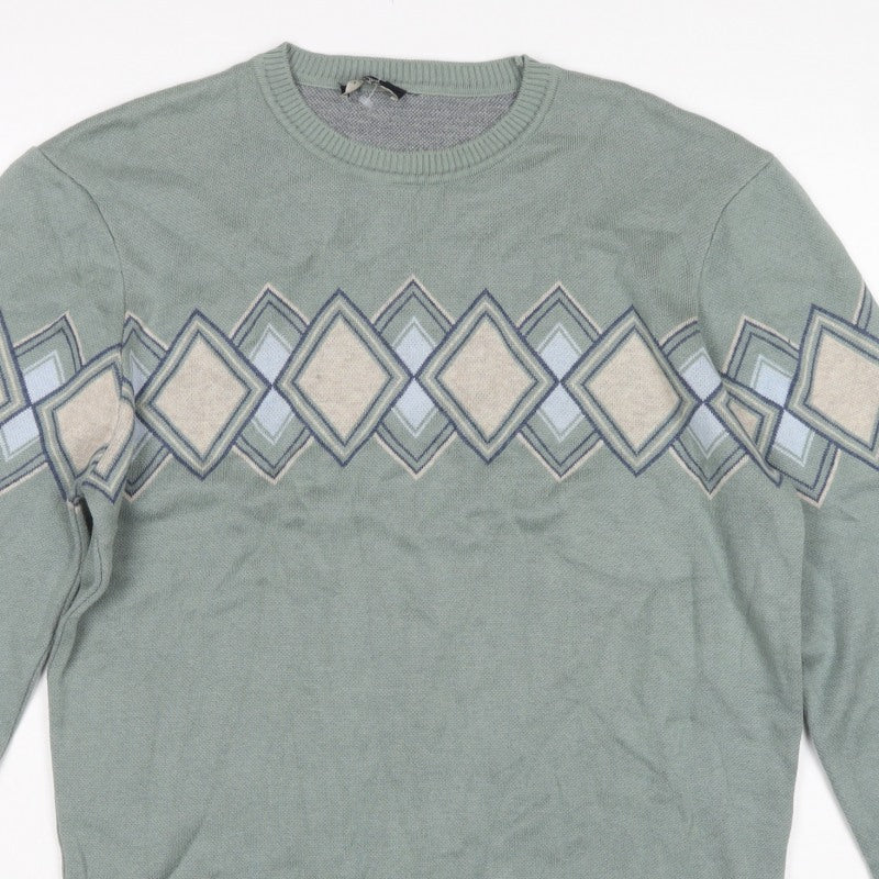 Teodor Men’s Green 2XL Argyle Diamond Crew Neck Cotton Blend Jumper
