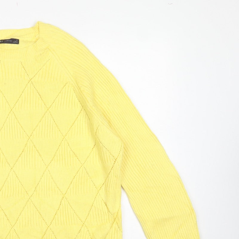 Marks & Spencer Womens Yellow XL Argyle Rib Knit Crew Neck Jumper