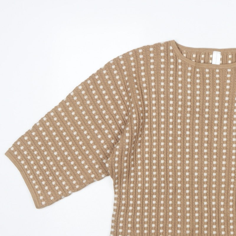 Marla Wynne Women Beige M Open-Knit Short Sleeve Pullover Jumper