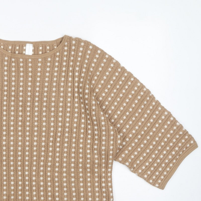 Marla Wynne Women Beige M Open-Knit Short Sleeve Pullover Jumper