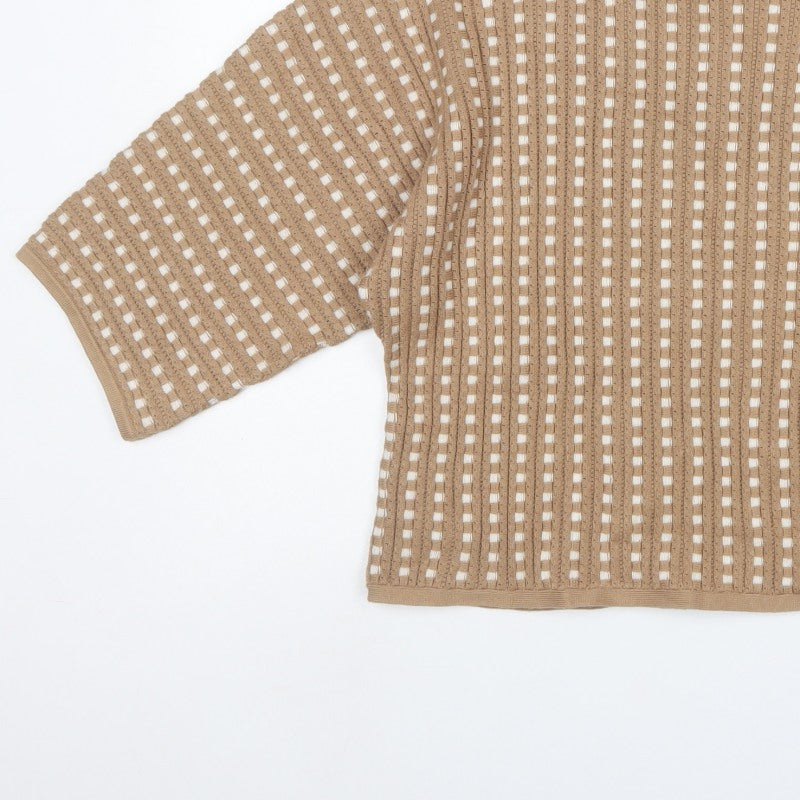 Marla Wynne Women Beige M Open-Knit Short Sleeve Pullover Jumper