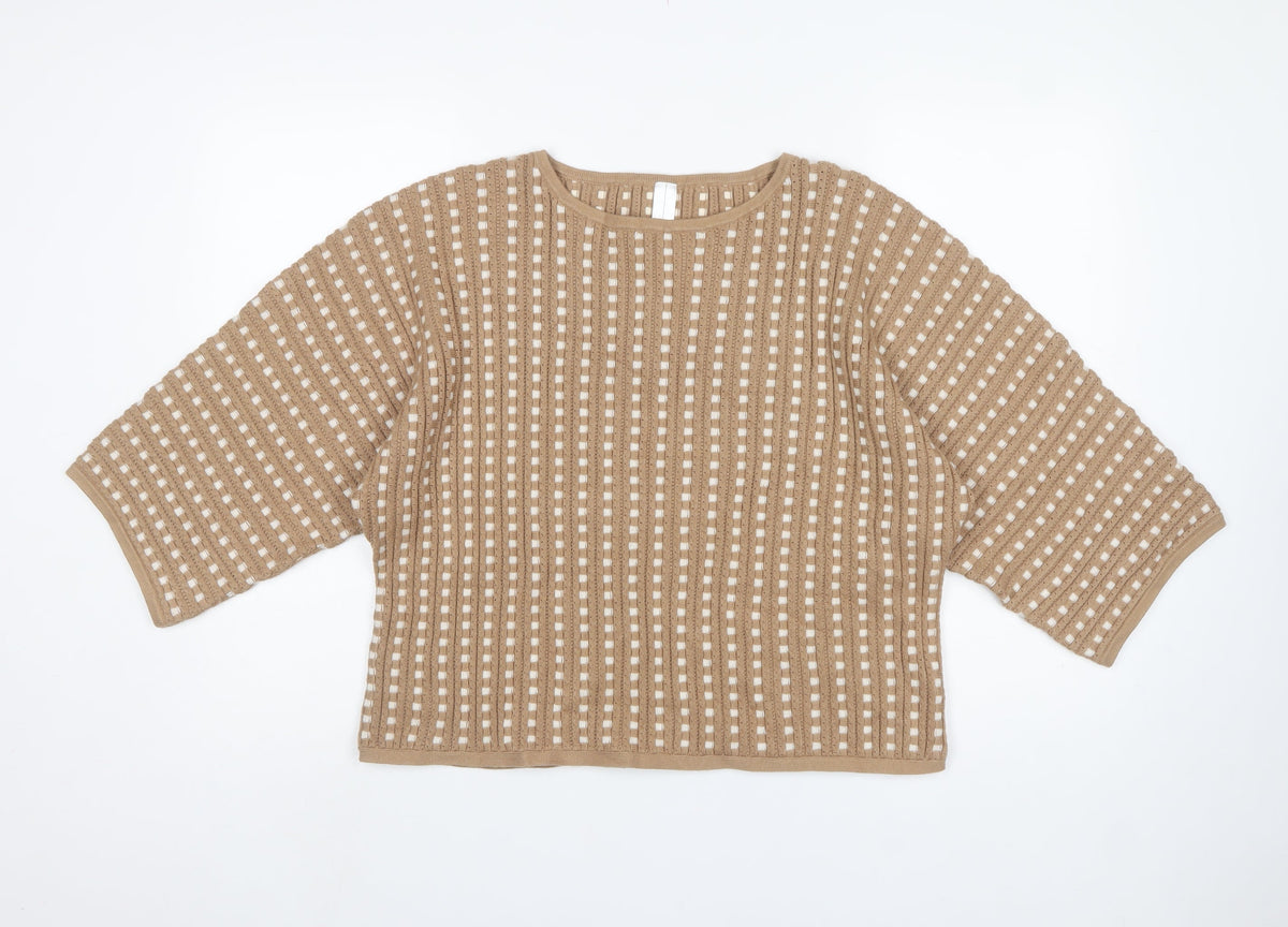 Marla Wynne Women Beige M Open-Knit Short Sleeve Pullover Jumper