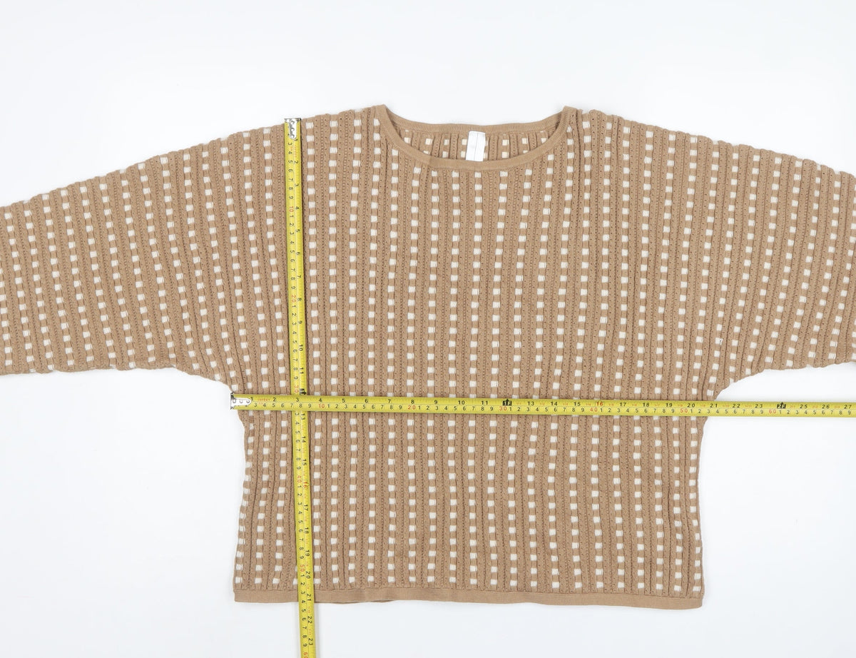 Marla Wynne Women Beige M Open-Knit Short Sleeve Pullover Jumper