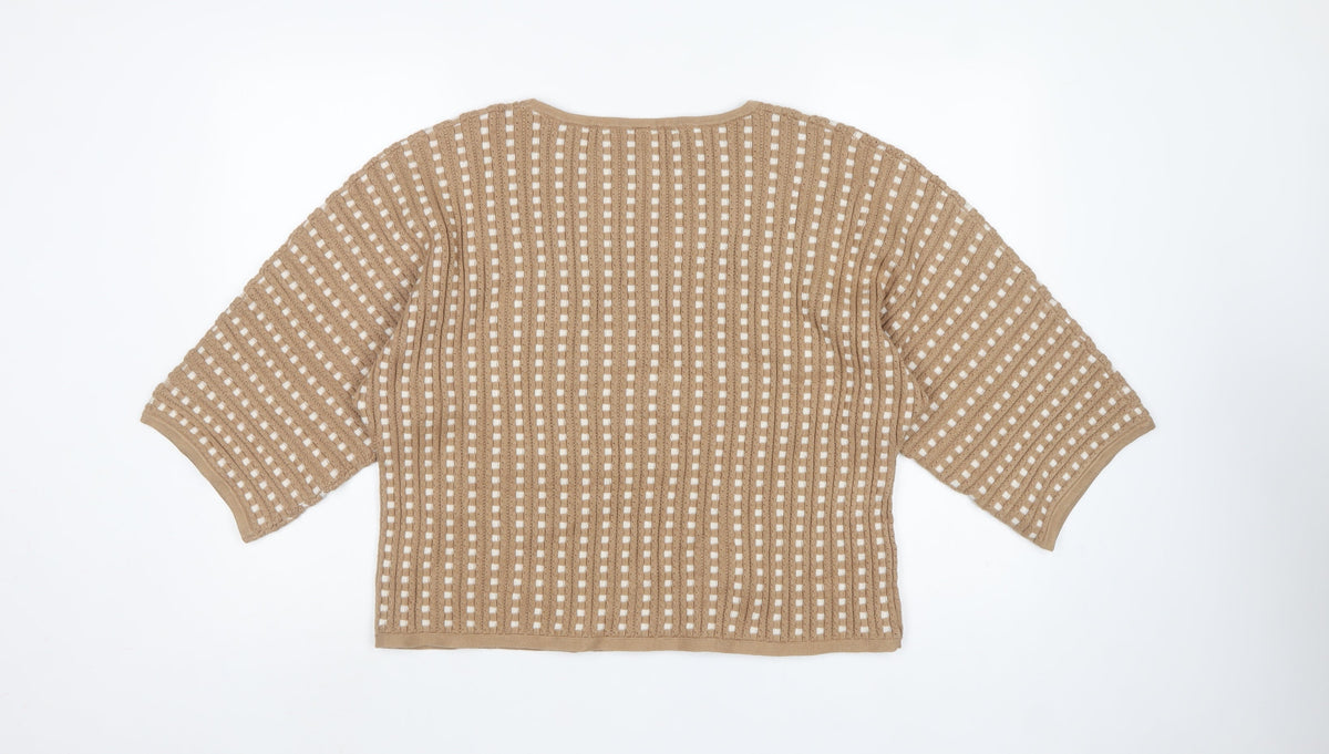 Marla Wynne Women Beige M Open-Knit Short Sleeve Pullover Jumper