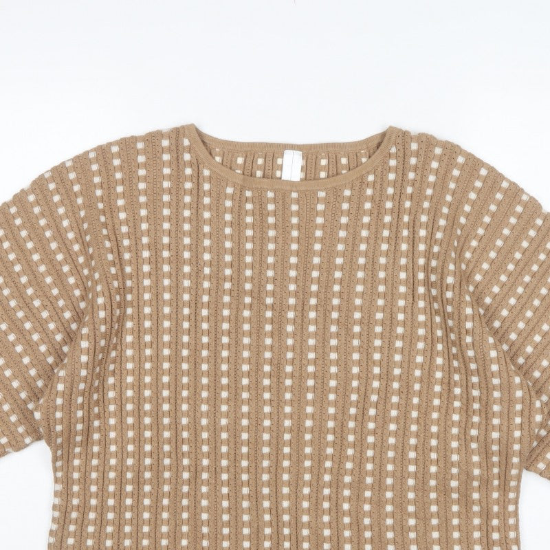 Marla Wynne Women Beige M Open-Knit Short Sleeve Pullover Jumper
