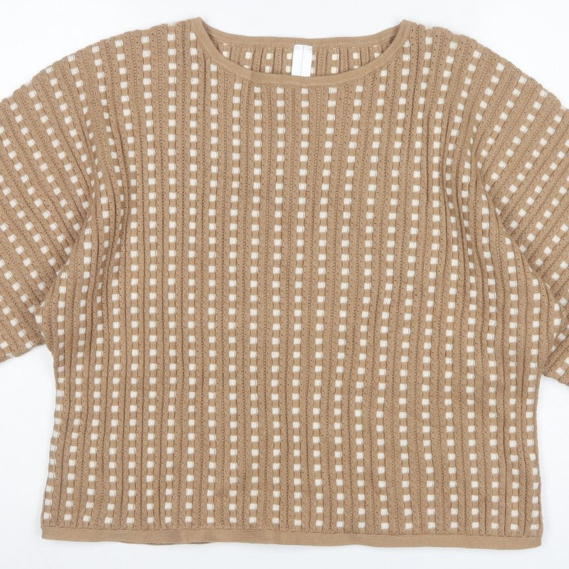 Marla Wynne Women Beige M Open-Knit Short Sleeve Pullover Jumper