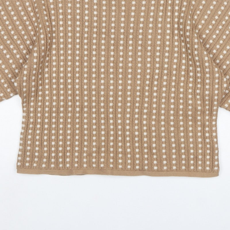 Marla Wynne Women Beige M Open-Knit Short Sleeve Pullover Jumper