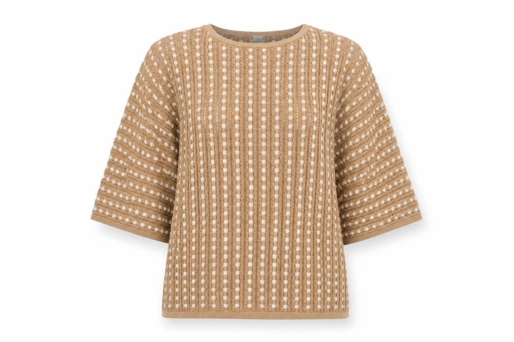 Marla Wynne Women Beige M Open-Knit Short Sleeve Pullover Jumper