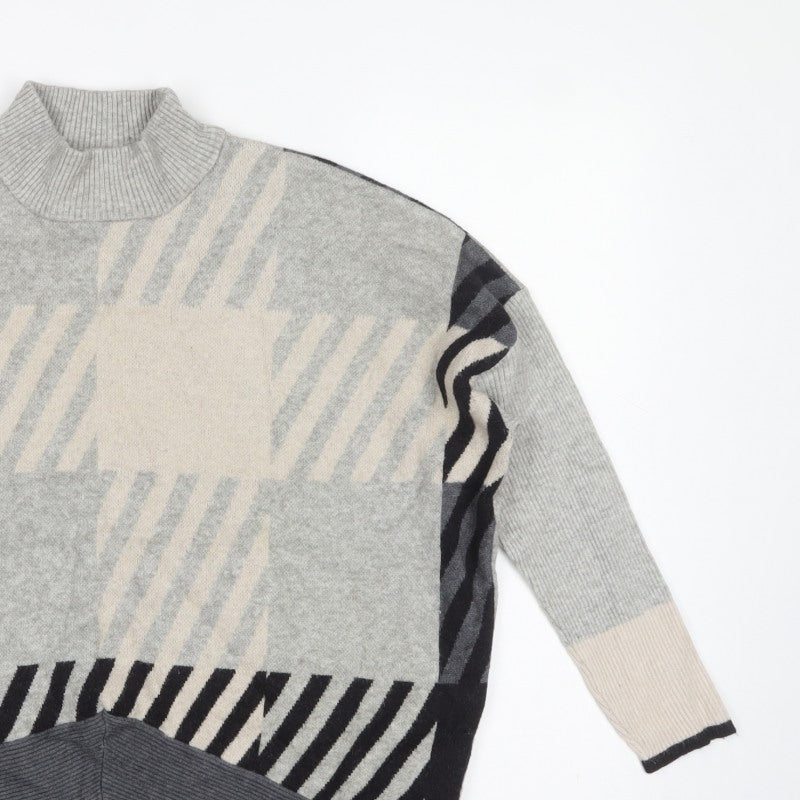 River Island Women Grey Geometric Roll Neck Oversized Jumper M