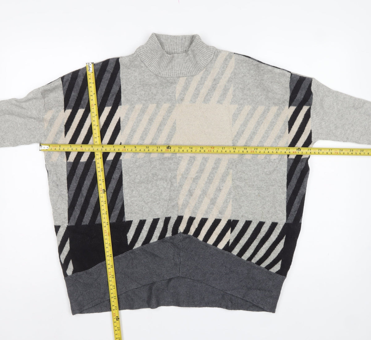 River Island Women Grey Geometric Roll Neck Oversized Jumper M