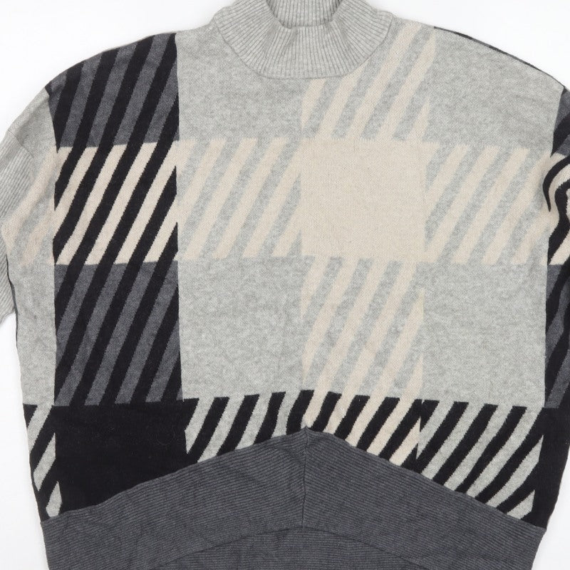 River Island Women Grey Geometric Roll Neck Oversized Jumper M
