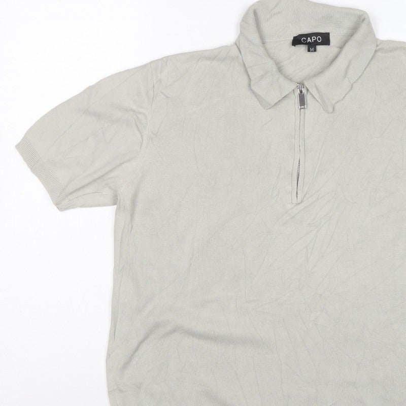 CAPO Men's Grey M 1/4 Zip Short Sleeve Cotton Knit Polo