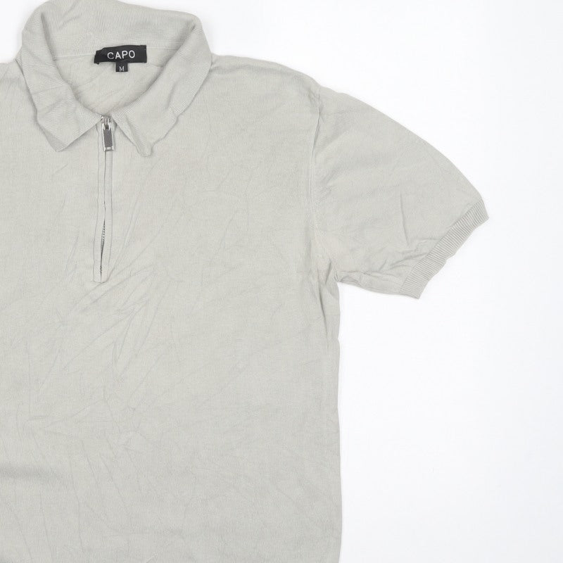CAPO Men's Grey M 1/4 Zip Short Sleeve Cotton Knit Polo