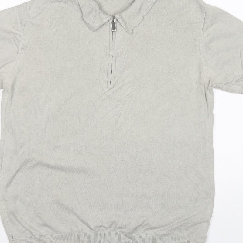 CAPO Men's Grey M 1/4 Zip Short Sleeve Cotton Knit Polo