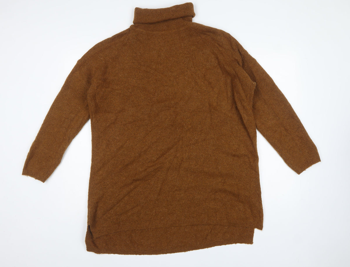 M&S Women Brown L Roll Neck Long Sleeve Knit Tunic Jumper