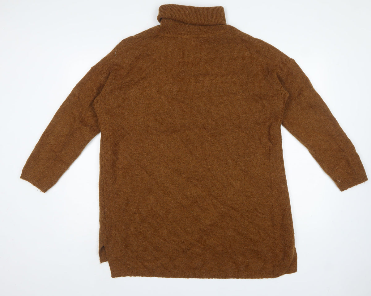 M&S Women Brown L Roll Neck Long Sleeve Knit Tunic Jumper