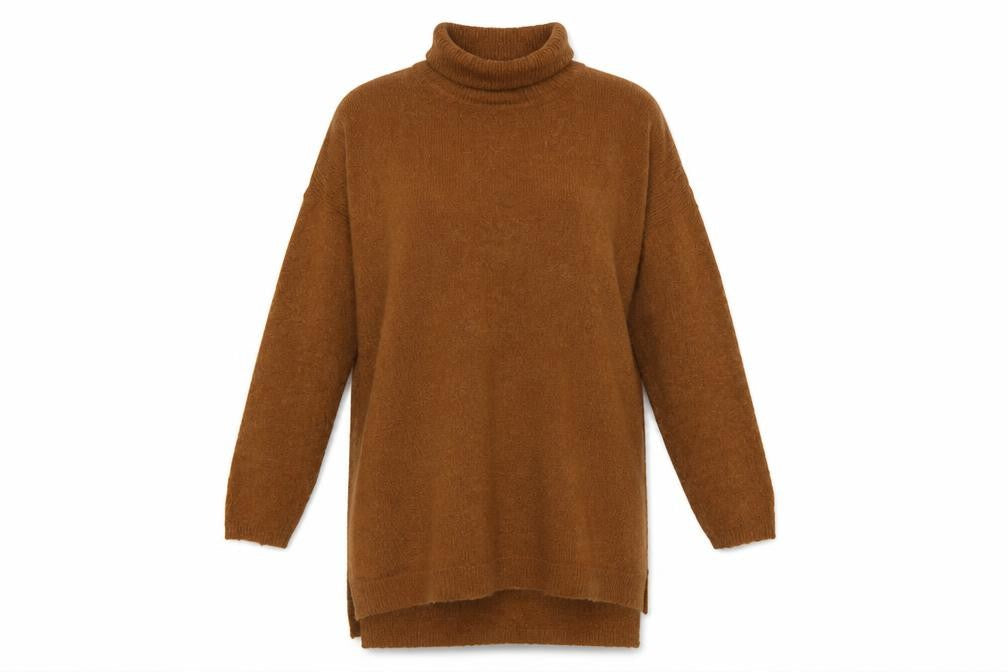 M&S Women Brown L Roll Neck Long Sleeve Knit Tunic Jumper