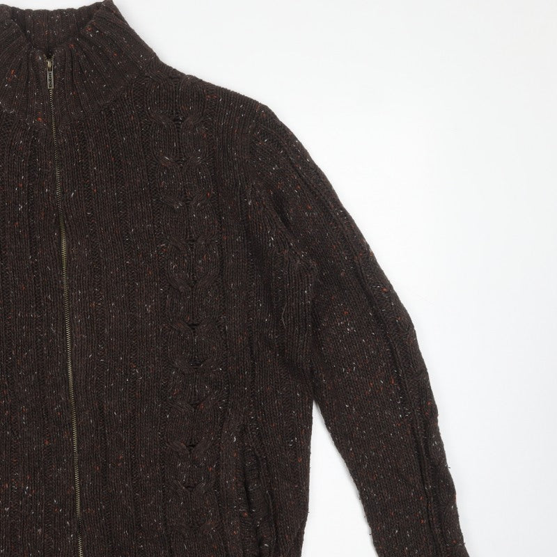 Kickers Men’s Brown L Full Zip Cable Knit Wool Blend Jumper