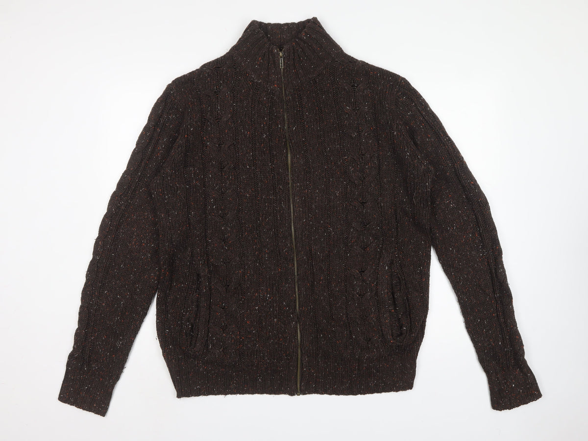 Kickers Men’s Brown L Full Zip Cable Knit Wool Blend Jumper
