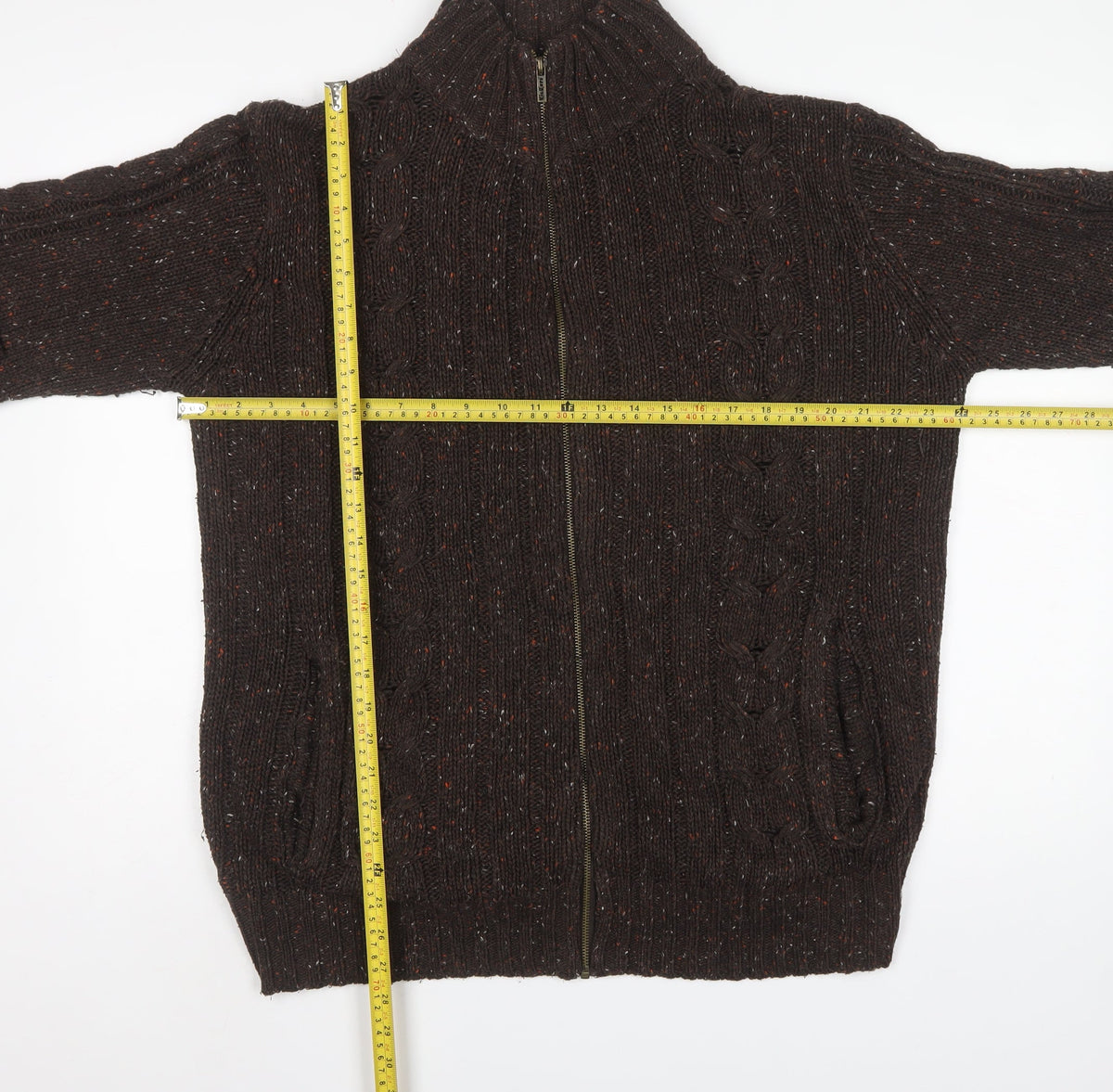Kickers Men’s Brown L Full Zip Cable Knit Wool Blend Jumper
