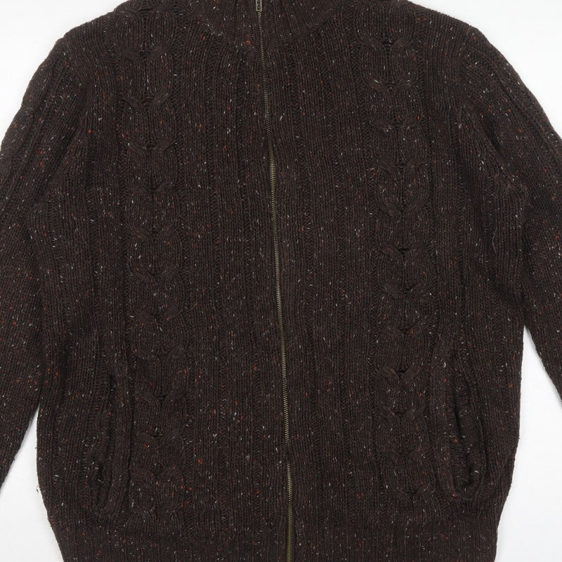 Kickers Men’s Brown L Full Zip Cable Knit Wool Blend Jumper
