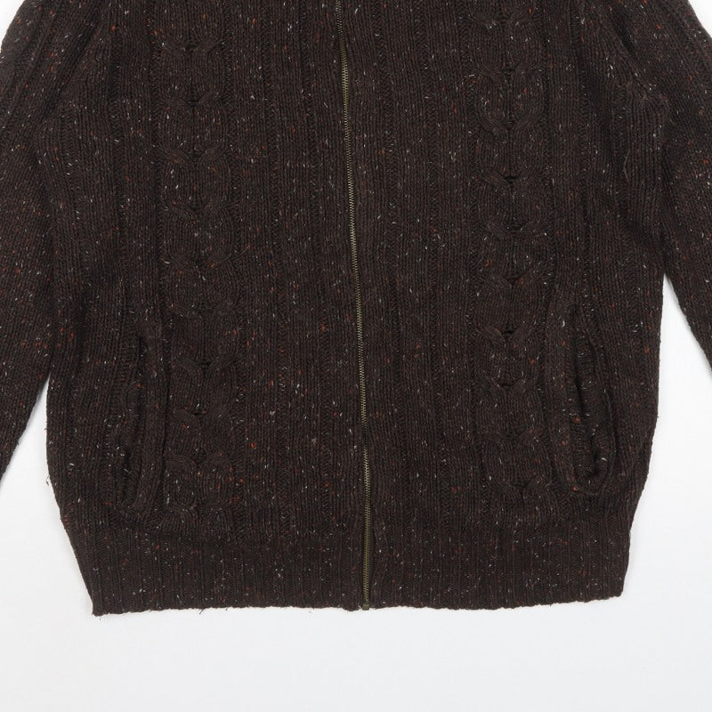 Kickers Men’s Brown L Full Zip Cable Knit Wool Blend Jumper