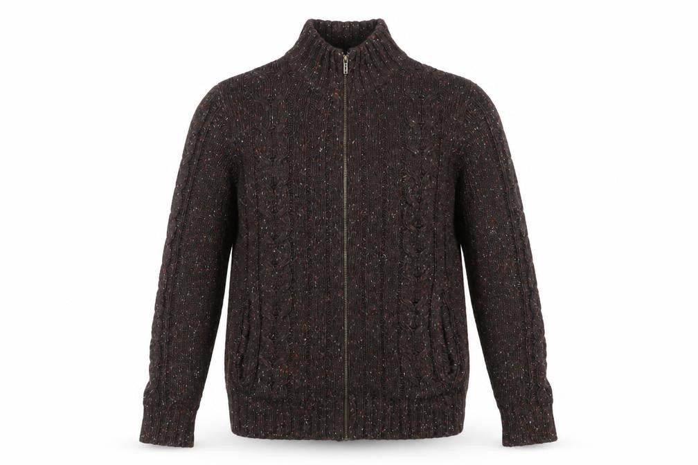 Kickers Men’s Brown L Full Zip Cable Knit Wool Blend Jumper