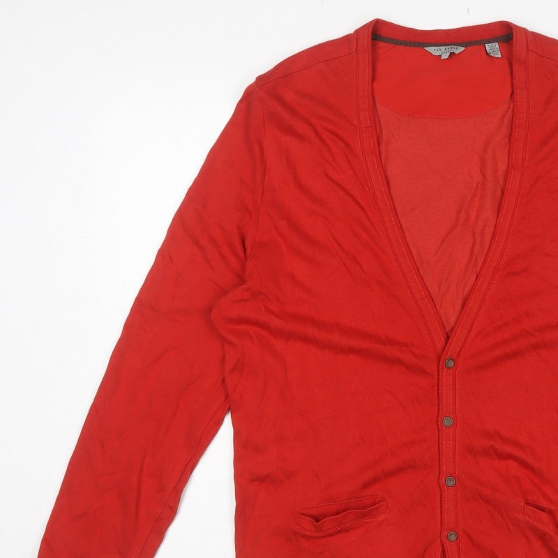 Ted Baker Men’s Red 2XL V-Neck Button Cardigan Cotton Viscose Pockets