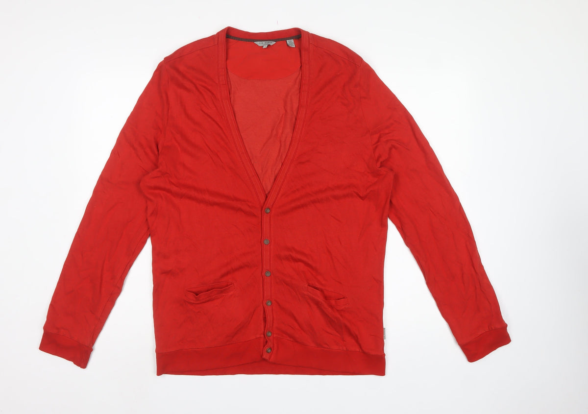 Ted Baker Men’s Red 2XL V-Neck Button Cardigan Cotton Viscose Pockets