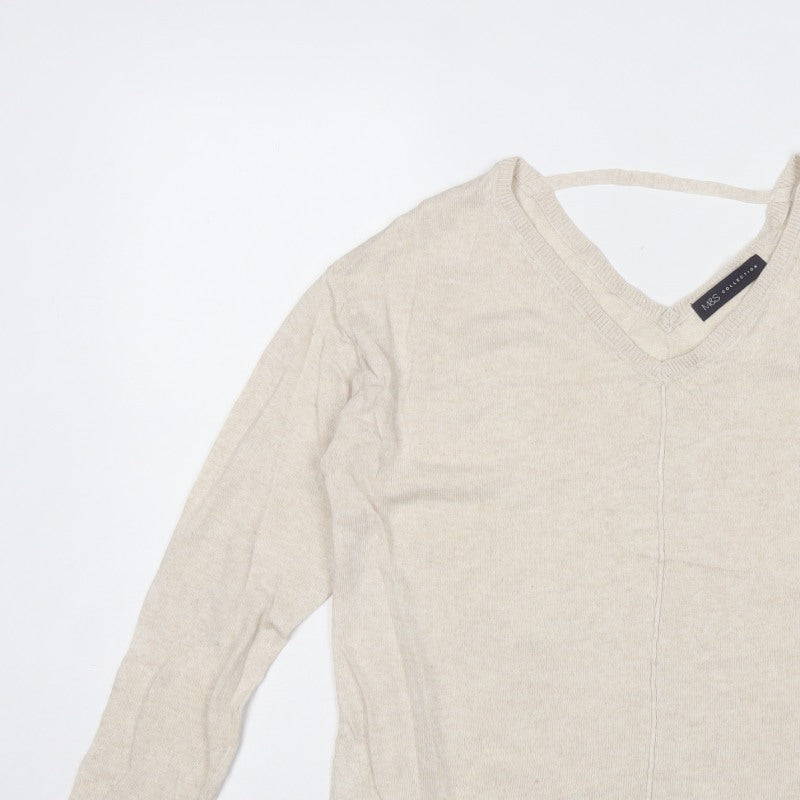 Marks and Spencer Women Beige Size 10 V-Neck Linen Blend Jumper