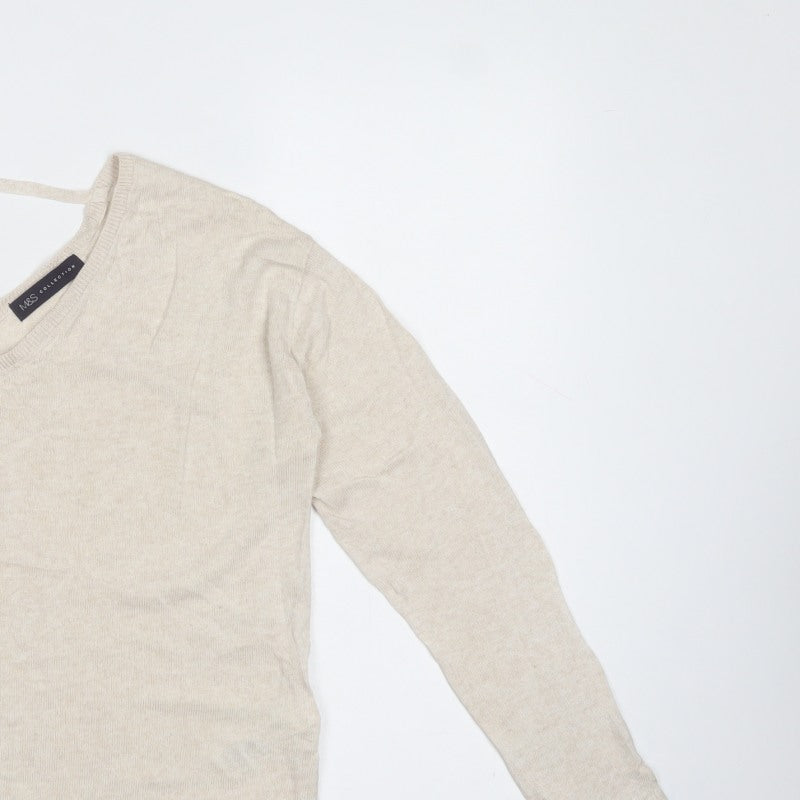 Marks and Spencer Women Beige Size 10 V-Neck Linen Blend Jumper