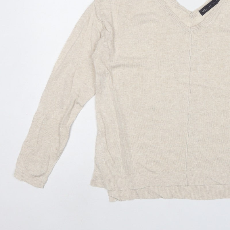 Marks and Spencer Women Beige Size 10 V-Neck Linen Blend Jumper
